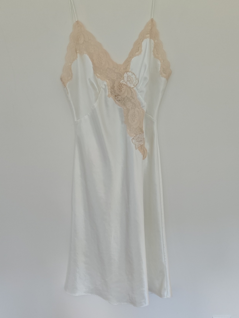 Vintage Victoria Secret Gold Label Silky White Slip with Beige Lace Trim Elegant
